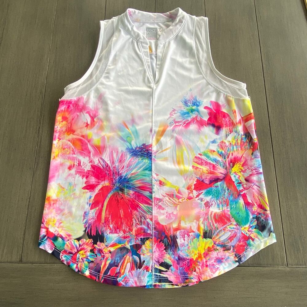 Lucky in Love Floral Sleeveless Golf Top • Women’s Small • Stretch Fabric